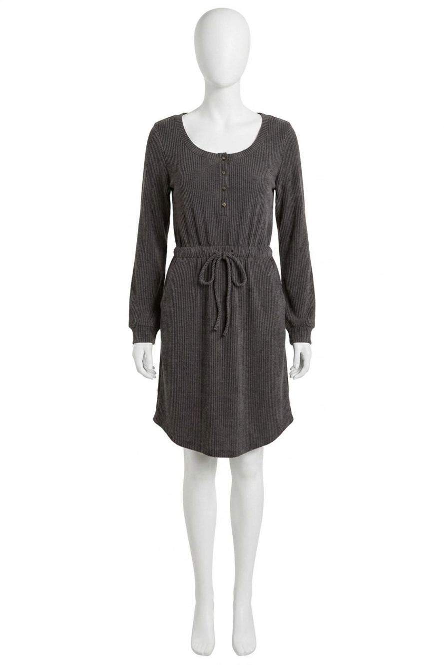NEW GILLI adalynn scoop neck button up long sleeve mini dress in charcoal